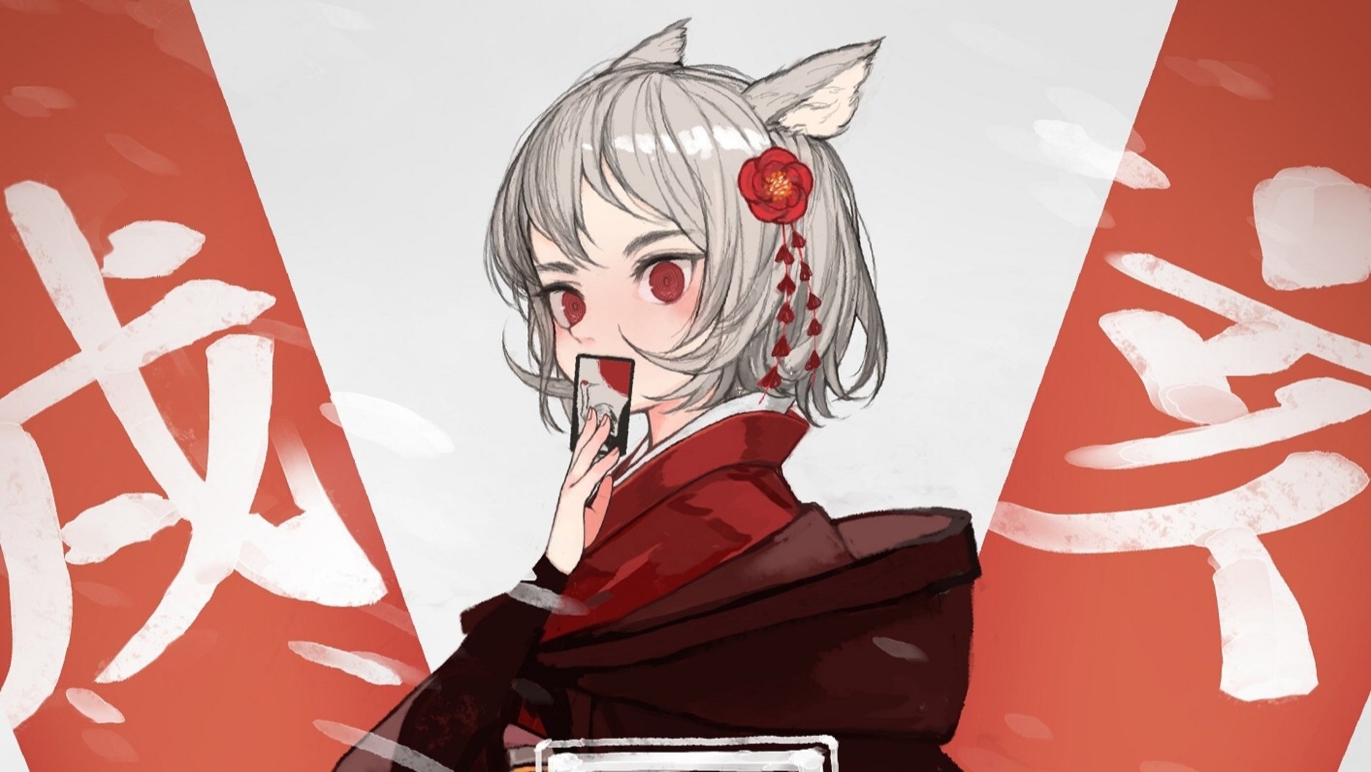 Anime-style original character with red eyes, grey hair, and animal ears, adorned with a red flower, set against a red and white background as an HD PC desktop wallpaper.