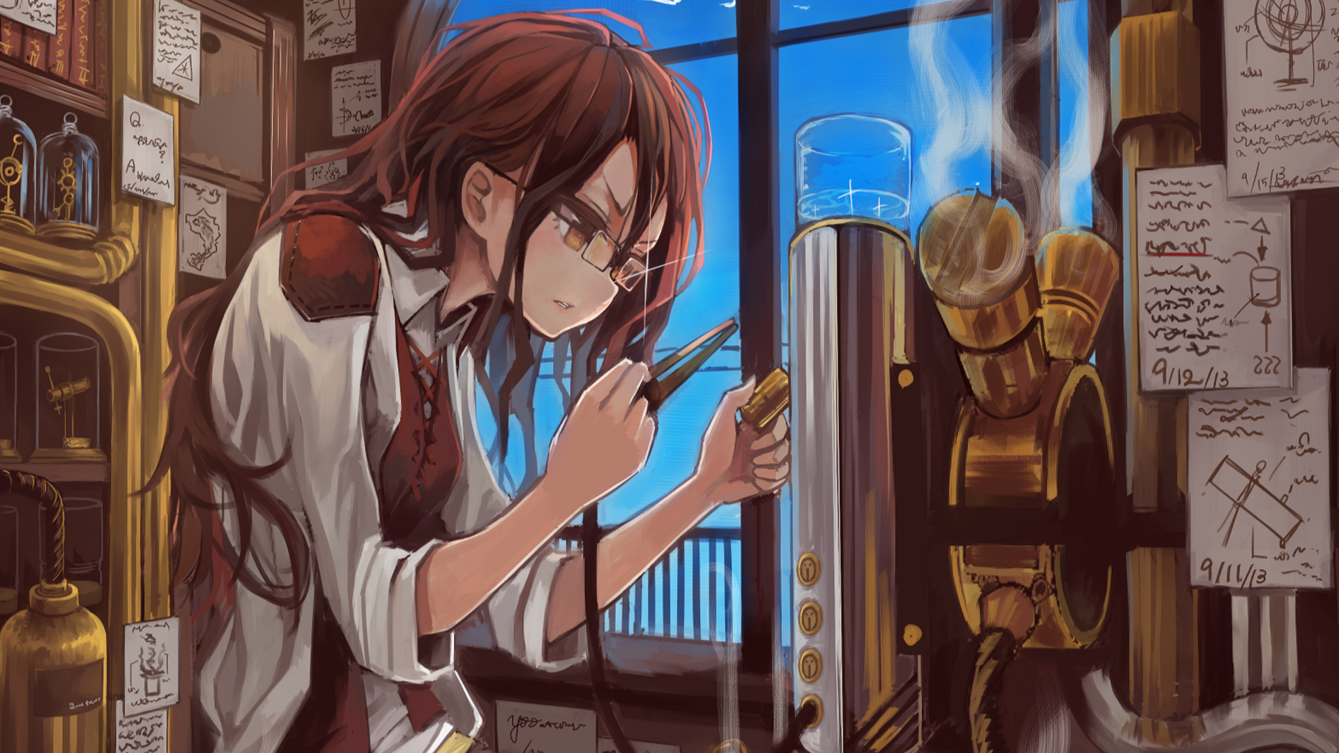 Anime original with brown hair and brown eyes, wearing glasses and tinkering with a steaming brass machine by a sunlit window — HD PC desktop wallpaper/background.