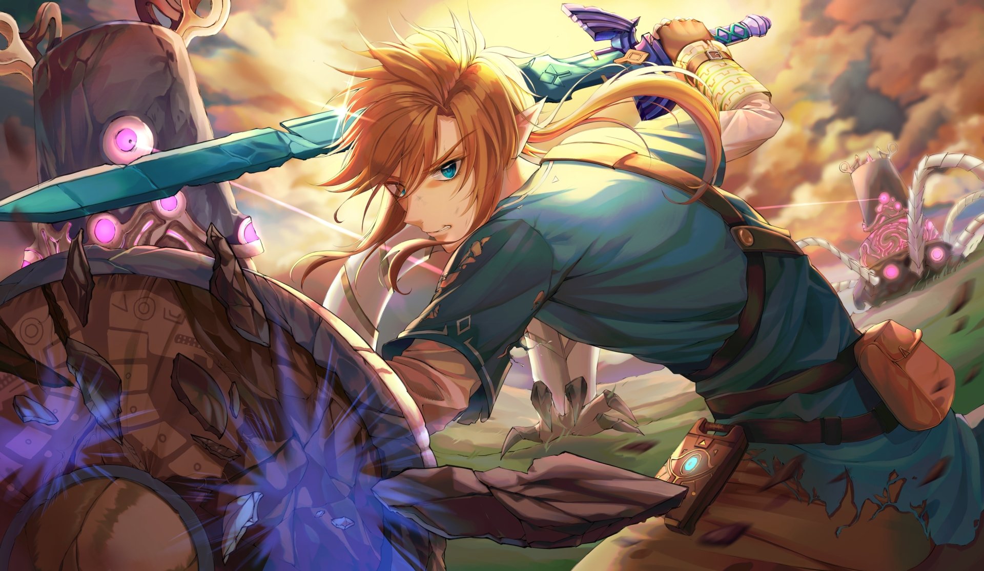 4K Ultra HD PC desktop wallpaper: Link from The Legend of Zelda: Breath of the Wild lunging with his sword amid glowing ancient ruins under a dramatic sky.