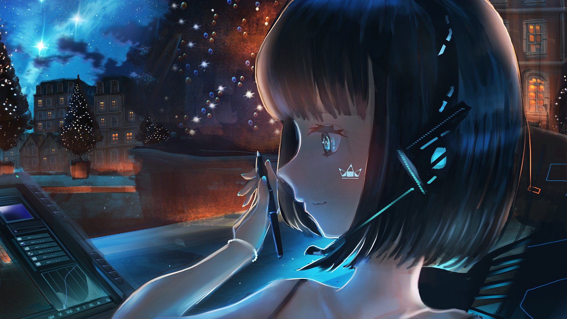 HD anime Christmas wallpaper featuring a girl with short hair under a starry sky, with festive lights and a decorated tree in the background.