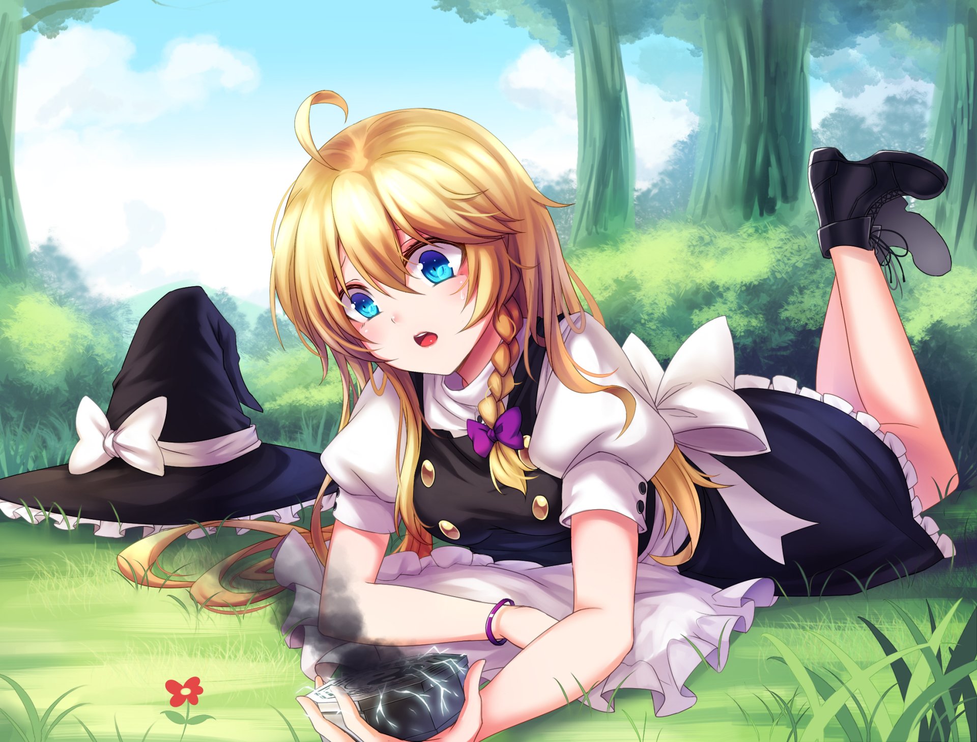 HD PC desktop anime wallpaper of Touhou's Marisa Kirisame: blonde witch in a black-and-white dress lying on grass with her hat nearby, bright blue eyes and a sunlit forest backdrop.