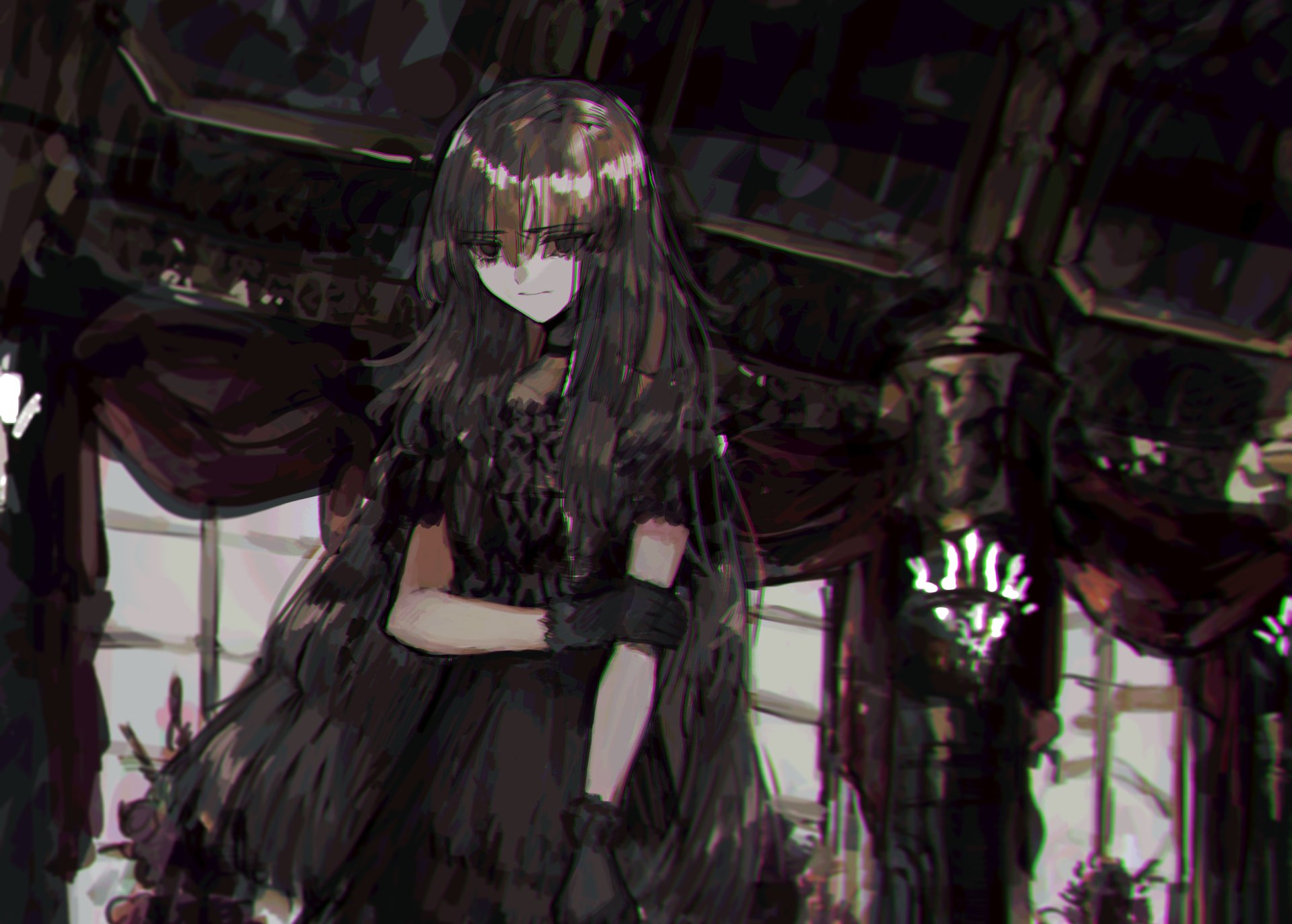 Anime-style HD desktop wallpaper featuring a character with long brown hair and brown eyes, set against a dark, gothic background.