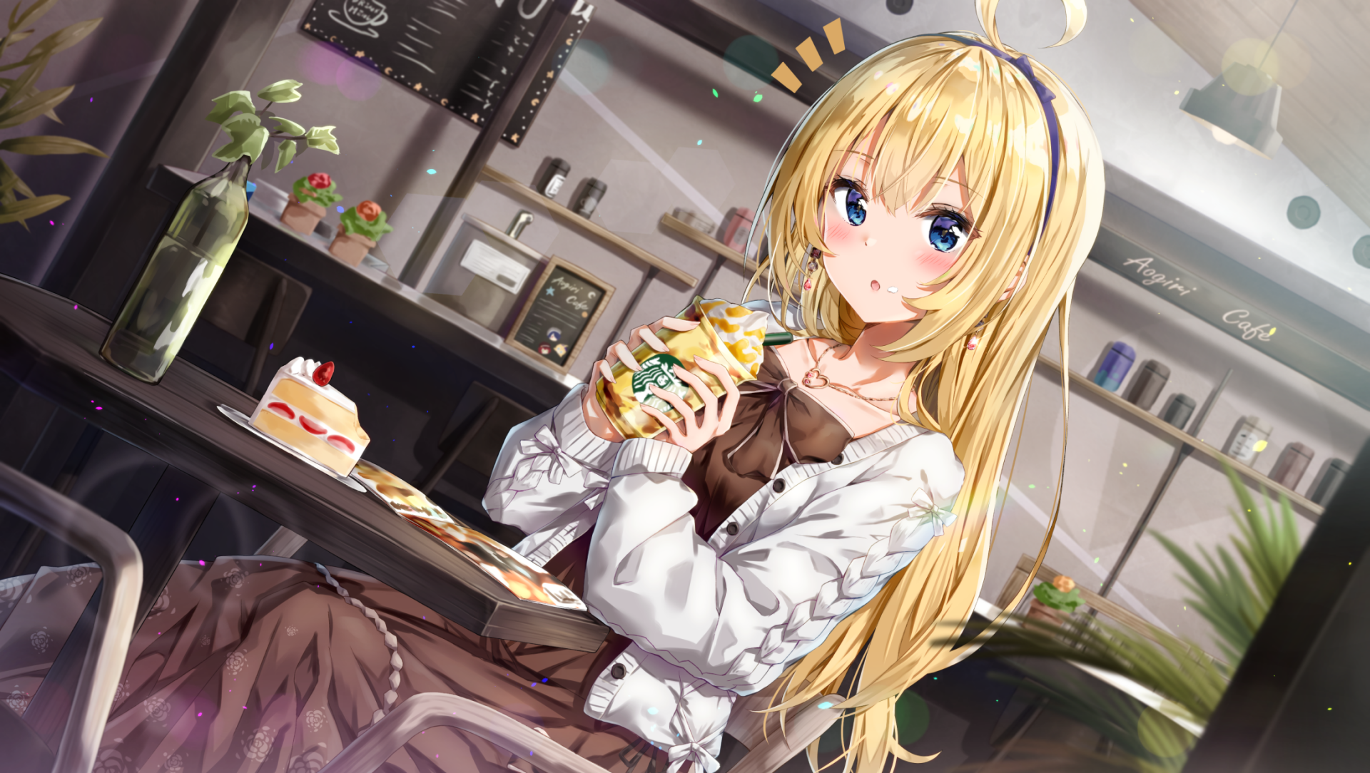 A vibrant HD wallpaper featuring Minazuki Natsuki, an anime Virtual Youtuber with long hair and striking blue eyes, enjoying a pastry in a cozy café setting.