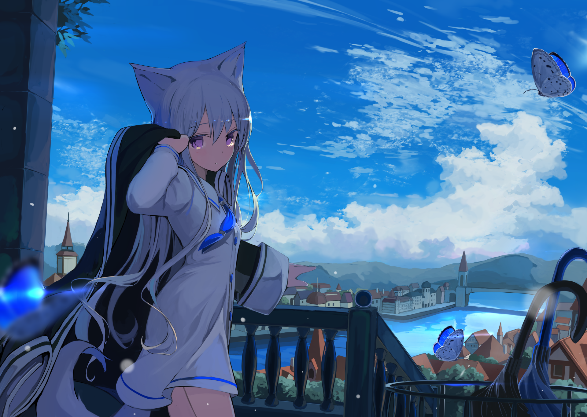 Anime character with white hair, purple eyes, and animal ears stands on a balcony overlooking a scenic town and lake. Butterflies flutter nearby. HD desktop wallpaper and background.