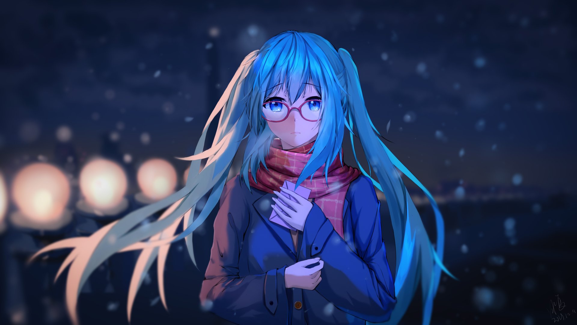 Hatsune Miku with long blue hair and glasses stands under a night sky, wearing a scarf and coat, portrayed in a detailed 4K Ultra HD anime-style Vocaloid wallpaper.