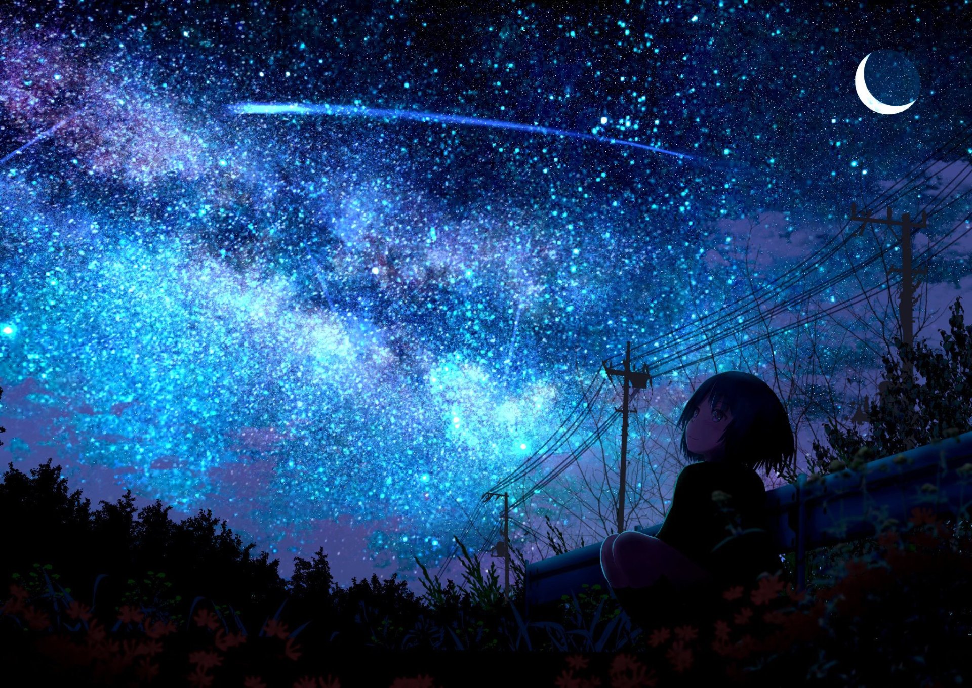 Download Night Shooting Star Starry Sky Anime Original HD Wallpaper by クメキ