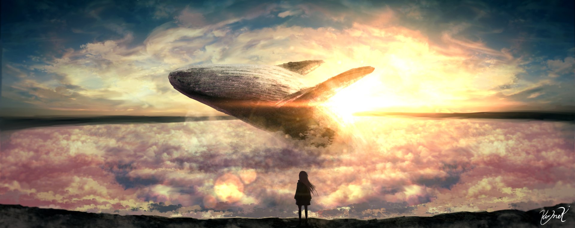 An HD desktop wallpaper featuring an Anime-style scene with a whale soaring through the clouds during a vibrant sunset, with a silhouetted figure standing on the ground below.