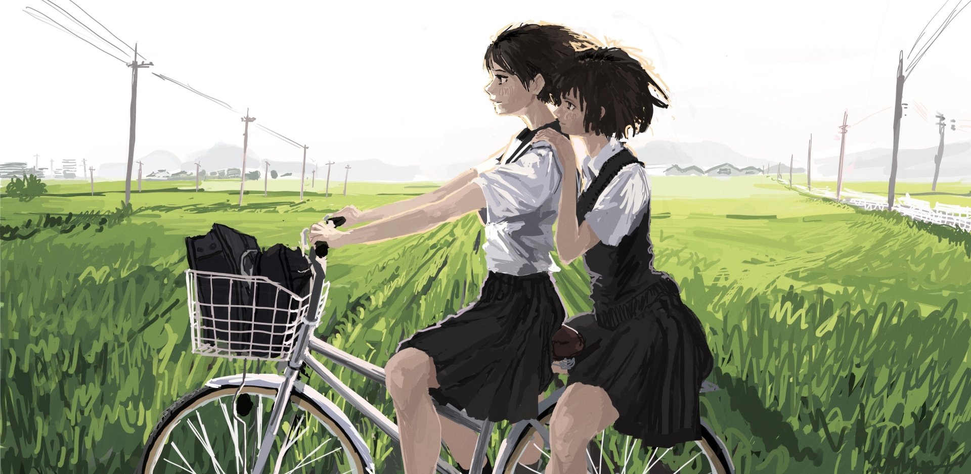 Anime-style 4K Ultra HD original artwork of two schoolgirls riding a bicycle through lush green fields, depicted in a serene and softly detailed desktop wallpaper.