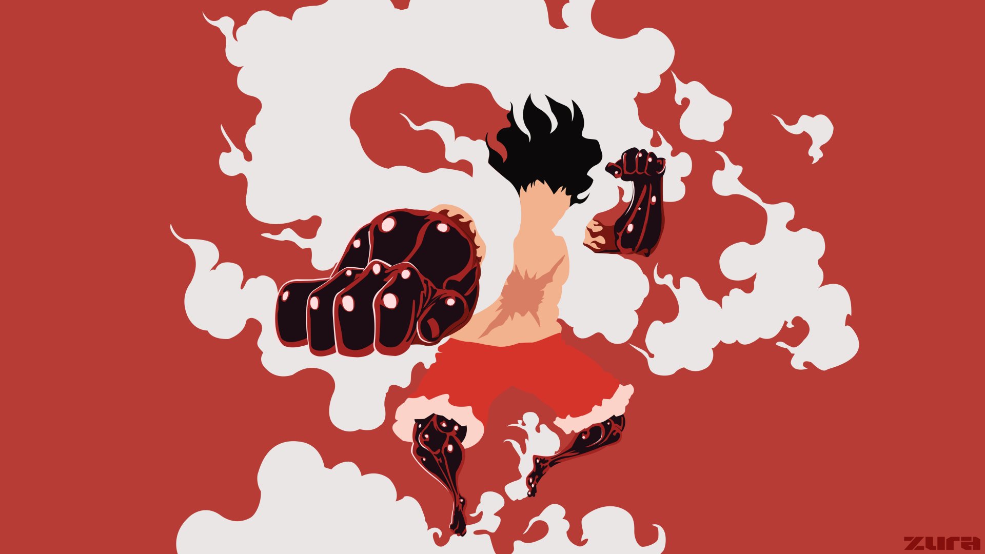 Stylized 4K Ultra HD anime wallpaper of Monkey D. Luffy in Gear Fourth pose from One Piece, featuring bold red and black tones with dynamic smoke effects.