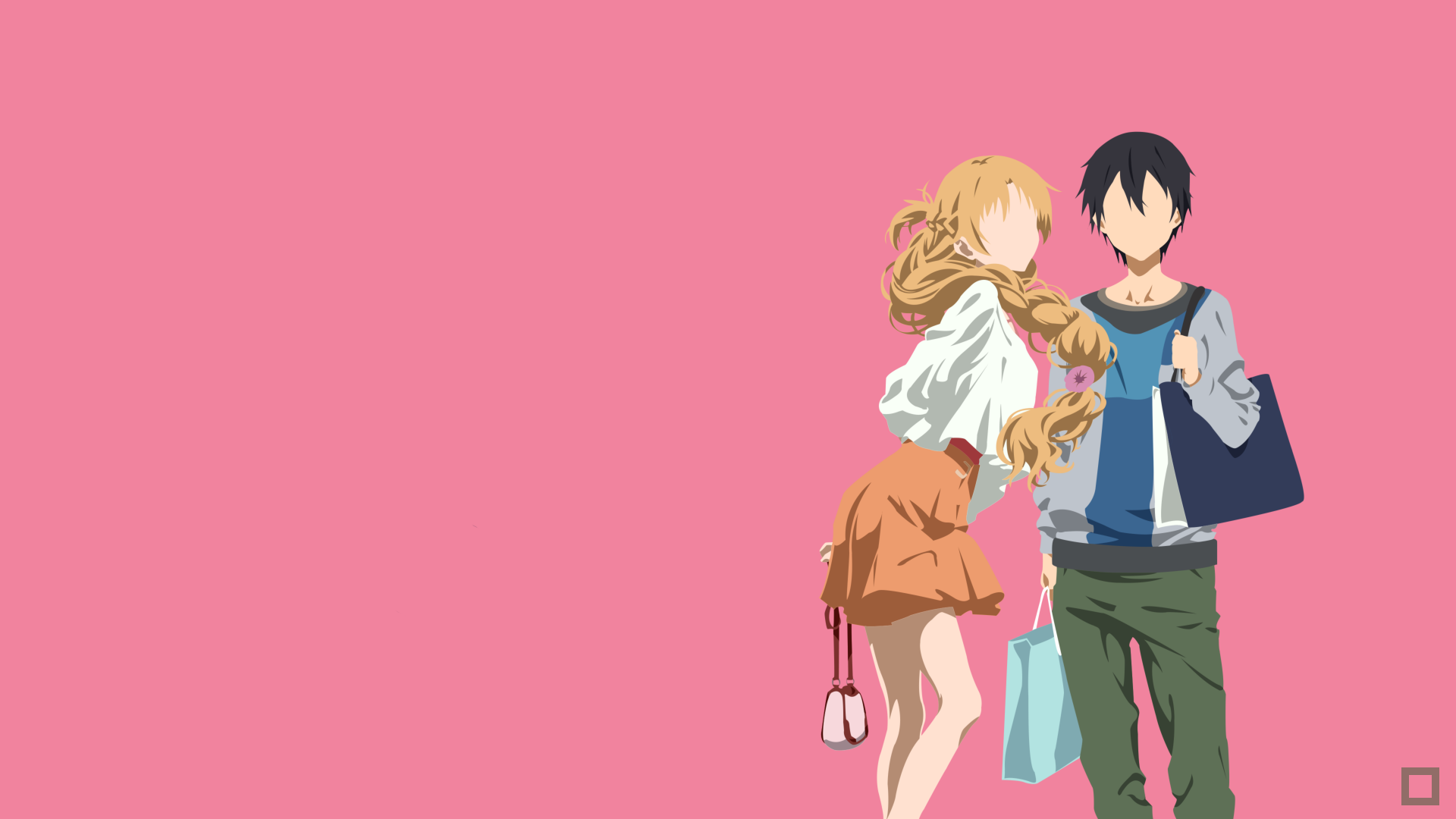 Minimalist 4K Ultra HD anime wallpaper featuring Kazuto Kirigaya (Kirito) and Asuna Yuuki from Sword Art Online against a solid pink background.