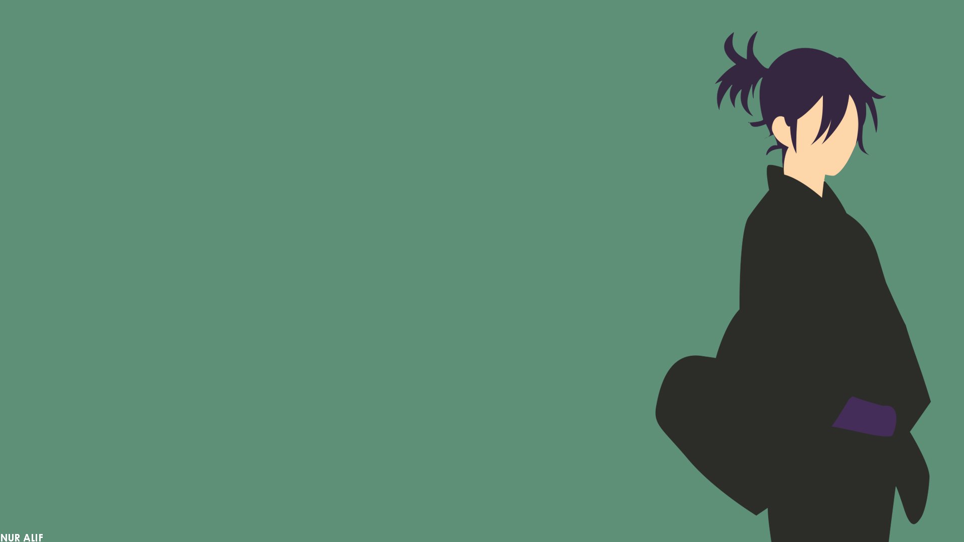 Minimalist HD PC desktop wallpaper featuring Yato from the anime Noragami against a solid green background.