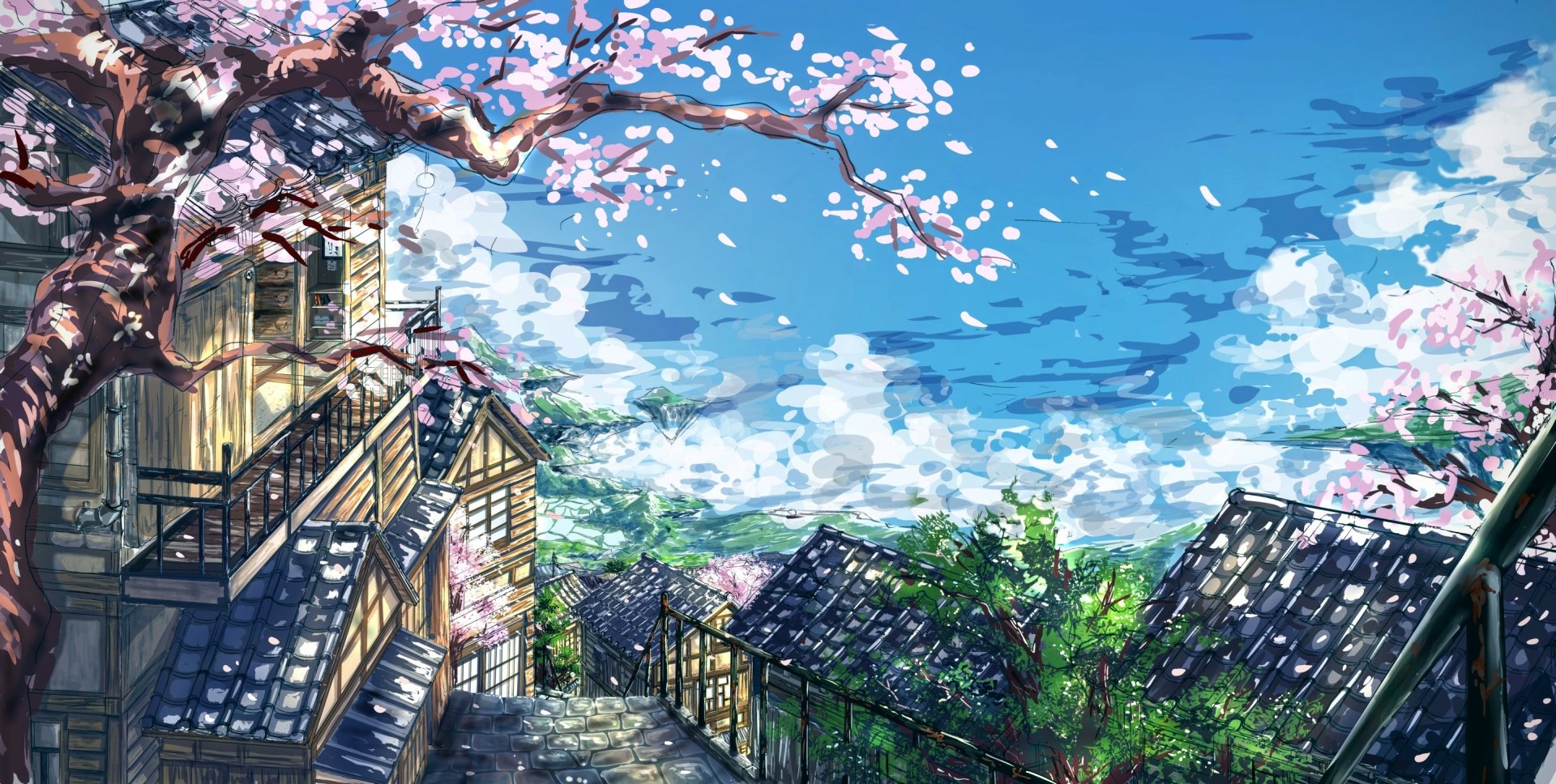 HD desktop wallpaper featuring an Anime-style spring scene with cherry blossoms (sakura) against a blue sky, framing a traditional house with nearby rooftops.