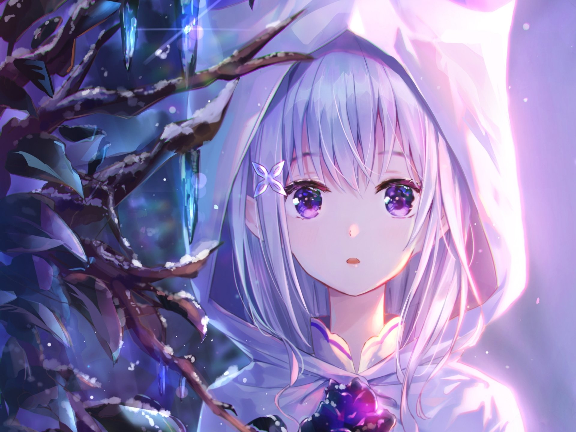 HD desktop wallpaper featuring Emilia from the anime Re:Zero - Starting Life in Another World. The image showcases Emilia with her signature silver hair and purple eyes in a captivating, ethereal setting.