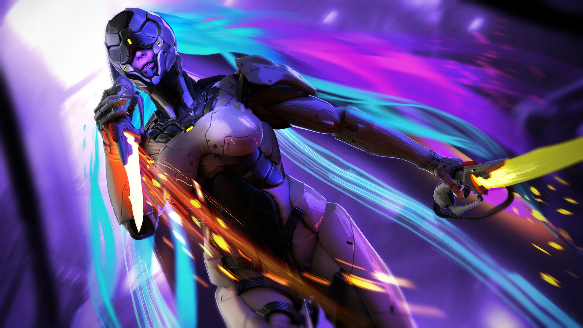 Cyberpunk sci-fi cyborg in sleek armor poses dynamically against a vibrant, neon-lit background, rendered in high-definition for PC desktop wallpaper.