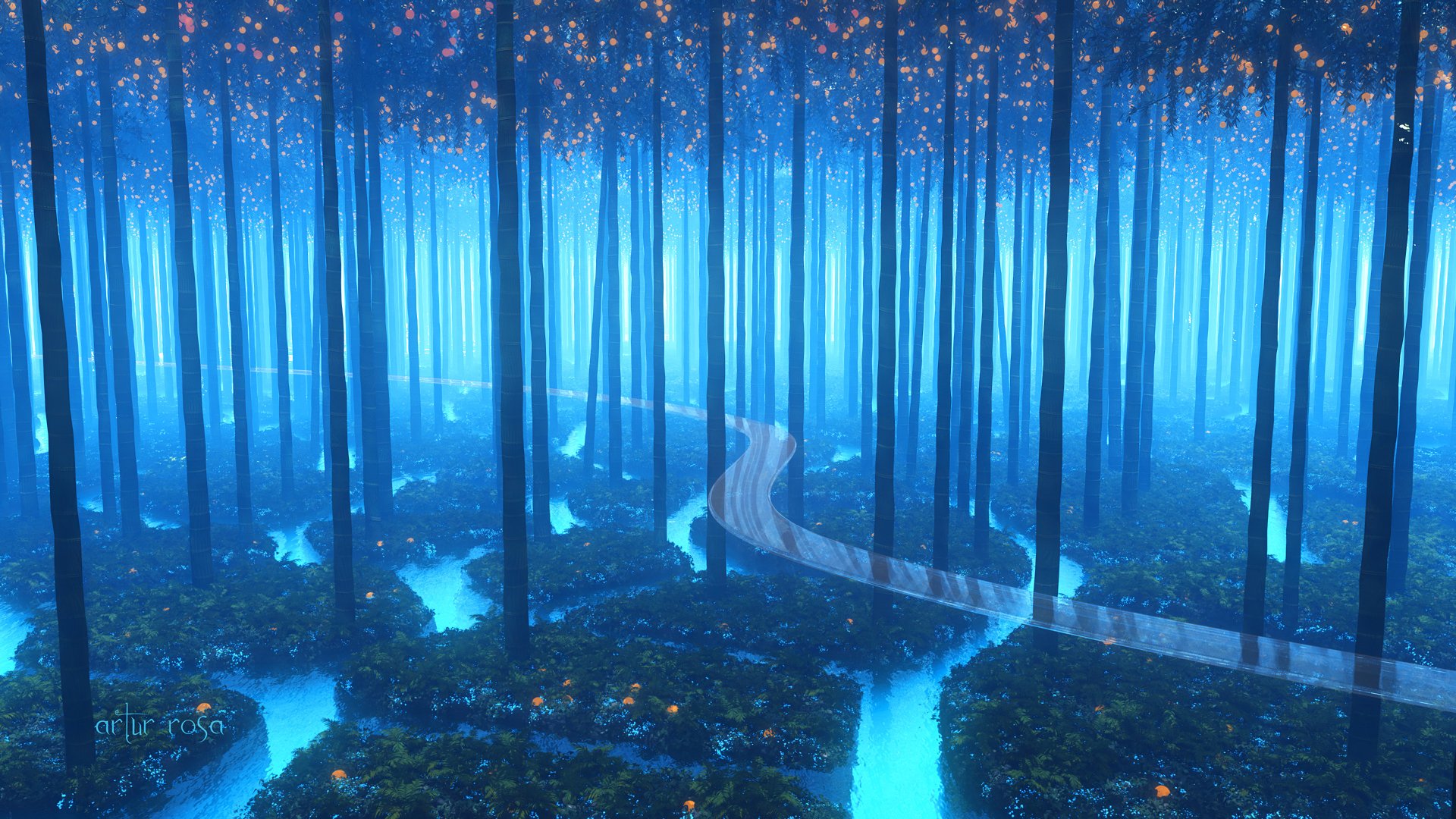 A glowing blue fantasy forest with tall trees and a winding path illuminated by small floating lights, rendered in 4K Ultra HD for PC desktop wallpaper.