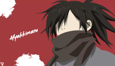 Anime-style 8K Ultra HD desktop wallpaper featuring Hyakkimaru from Dororo with flowing dark hair and a high collar against a deep red background.