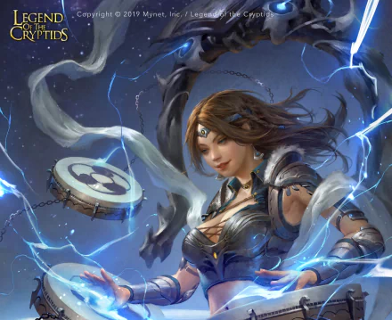 Brown-haired sorceress from the video game Legend of the Cryptids in an HD PC desktop wallpaper, unleashing blue lightning with floating mystical runes and a drifting drum.