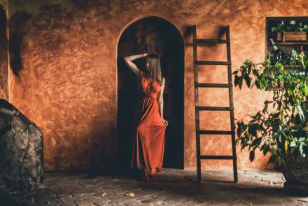 orange dress model brunette woman mood HD Desktop Wallpaper | Background Image