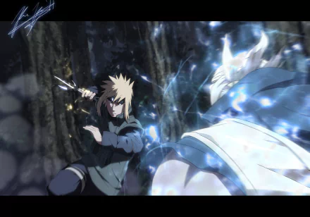 HD PC desktop wallpaper featuring Minato Namikaze from the anime Naruto in an intense battle scene with glowing blue energy effects.