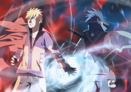 HD PC desktop wallpaper showing Naruto Uzumaki and Sasuke Uchiha back-to-back, anime Naruto & Sasuke energy clash with vivid red and blue lightning background.