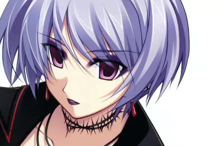 Ayase Kishimoto (Chaos;Head) close-up: silver hair, purple eyes, spiked choker and black outfit, rendered as a 4K Ultra HD PC desktop wallpaper.