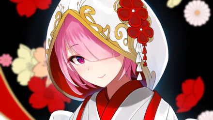 Ram (Re:ZERO) in a white-and-red kimono hood, pink hair and red floral hairpiece, smiling with one eye visible against floating flowers — Anime HD PC desktop wallpaper from Re:Zero - Starting Life in Another World.