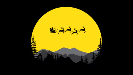 Minimalist 8K Ultra HD desktop wallpaper featuring a black silhouette of Santa’s sleigh with reindeer flying over mountains and trees against a large yellow moon.
