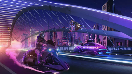 Futuristic Sci Fi 2K Quad HD PC desktop wallpaper: neon-lit city bridge with a sleek car and motorcycle vehicles racing beneath glowing arches.