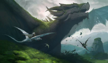 HD fantasy wallpaper featuring a majestic dragon with moss-covered scales, soaring through a cloudy sky over a lush green landscape. Other smaller dragons fly in the background.