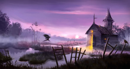 Dark purple scenery with a crow flying near a small illuminated religious church by a misty river, captured in a high-definition PC desktop wallpaper.