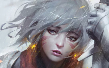 HD desktop wallpaper featuring a close-up of a fantasy female warrior with piercing eyes and windswept gray hair, set against a soft, detailed background.
