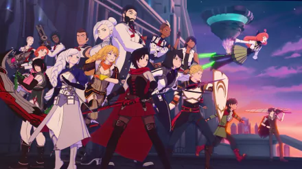 HD PC desktop wallpaper featuring the RWBY anime cast including Ruby Rose, Weiss Schnee, Blake Belladonna, Yang Xiao Long, Jaune Arc, Nora Valkyrie, Lie Ren, Qrow Branwen, Penny Polendina, Oscar Pine, and Winter Schnee.