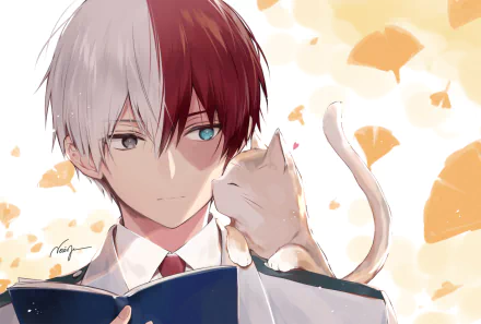 Anime-style HD wallpaper featuring Shoto Todoroki from My Hero Academia reading a book, with a heterochromatic cat perched on his shoulder. Vibrant background with warm yellow hues.