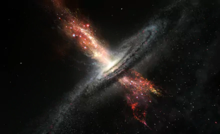 4K Ultra HD Sci-Fi desktop wallpaper depicting a vibrant galaxy with glowing stars and a powerful black hole emitting bright jets in deep space.