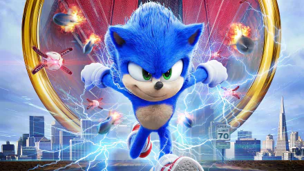 HD PC desktop wallpaper featuring Sonic the Hedgehog from the movie, depicted running through a glowing golden ring with a cityscape in the background.