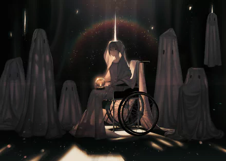 Anime original HD PC desktop wallpaper background: hooded girl in a wheelchair clutching a glowing orb beneath a vertical beam, surrounded by shrouded ghostly figures and a faint rainbow halo.