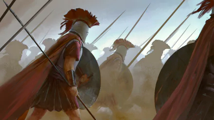 HD fantasy warrior hoplite in helmet and red cape holds spear and shield, leading a line of soldiers with spears in a misty battlefield, depicted in a dramatic desktop wallpaper.