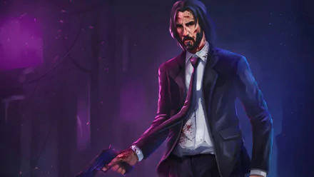 4K Ultra HD PC desktop wallpaper of a lone, bloodstained suited movie assassin gripping a pistol amid neon-lit rain, intense cinematic action hero portrait.