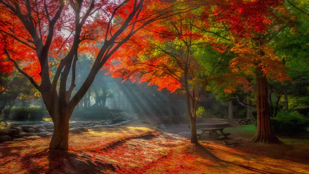 4K Ultra HD desktop wallpaper capturing vibrant fall trees with sunlight streaming through colorful autumn foliage in a serene natural setting.