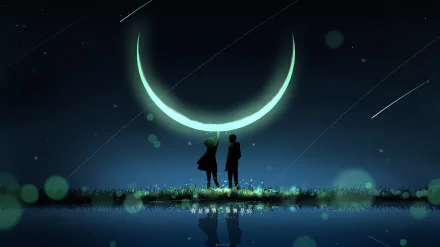 Anime-style HD desktop wallpaper of two figures under a glowing crescent moon with shooting stars streaking across a calm night sky over water.