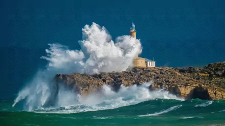 4K Ultra HD PC desktop wallpaper of the man-made Mouro Lighthouse on a rocky outcrop as towering sea waves crash, vivid ocean and dramatic sky.