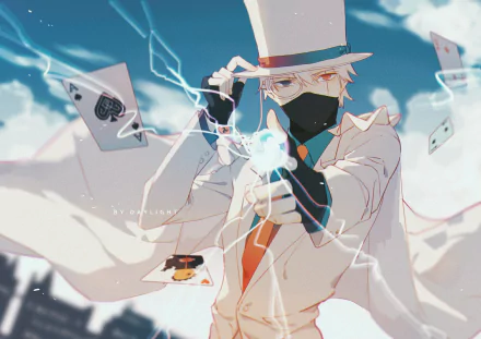 HD anime wallpaper featuring Kakashi Hatake in a white top hat and mask, wielding lightning with playing cards floating around, showcasing heterochromia inspired by Obito Uchiha.