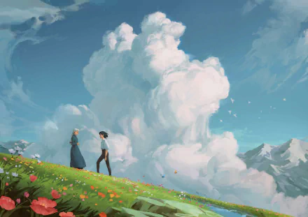 HD wallpaper featuring characters from Howl's Moving Castle, with one having black long hair and the other with white long hair. They stand in a flower field with a mountain and cloud-filled sky in the background.