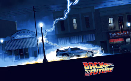 HD desktop wallpaper featuring the iconic DeLorean car from the Back to the Future movie, surrounded by lightning in a nighttime town setting.