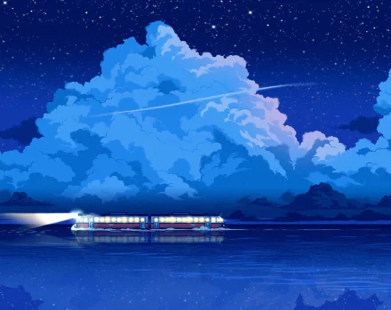 A vibrant HD desktop wallpaper of a train traveling at night, reflected on calm water beneath a sky filled with clouds and stars.