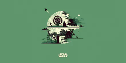 Minimalist HD desktop wallpaper featuring Luke Skywalker, Darth Vader, and the Death Star from Star Wars, set against a green background with the Star Wars logo at the bottom.