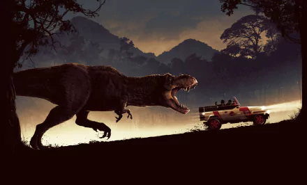 HD desktop wallpaper depicting a dramatic scene from Jurassic Park with a roaring Tyrannosaurus Rex chasing a car through a dark, forested landscape at dusk.