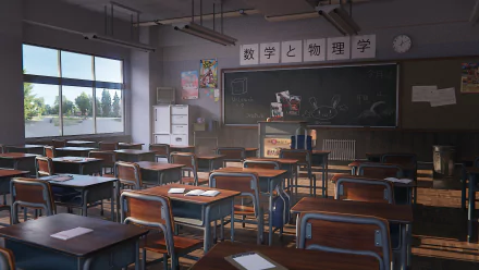 A detailed 4K Ultra HD anime-style classroom scene featuring wooden tables and chairs, sunlight streaming through large windows, with a blackboard and educational posters.