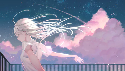 Anime-style HD desktop wallpaper featuring a character with flowing white hair against a starry sky and soft pink clouds.