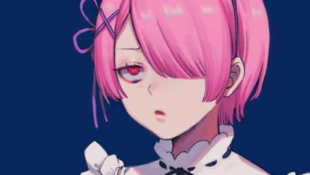 HD anime desktop wallpaper featuring Ram from Re:Zero - Starting Life in Another World with detailed pink hair and red eyes in a close-up portrait style.